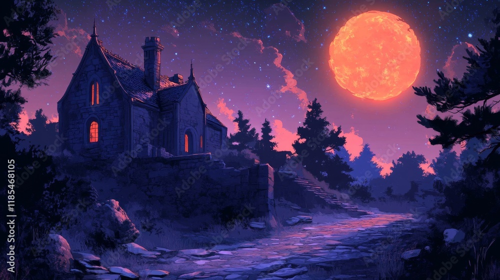 Fototapeta premium Enigmatic Night Scene A Rustic House Under a Crimson Moon