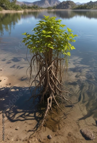 Alternanthera sessilis roots growing in the sediment of a shallow lake, water plant, aquatic grass, alternanthera sessilis photo