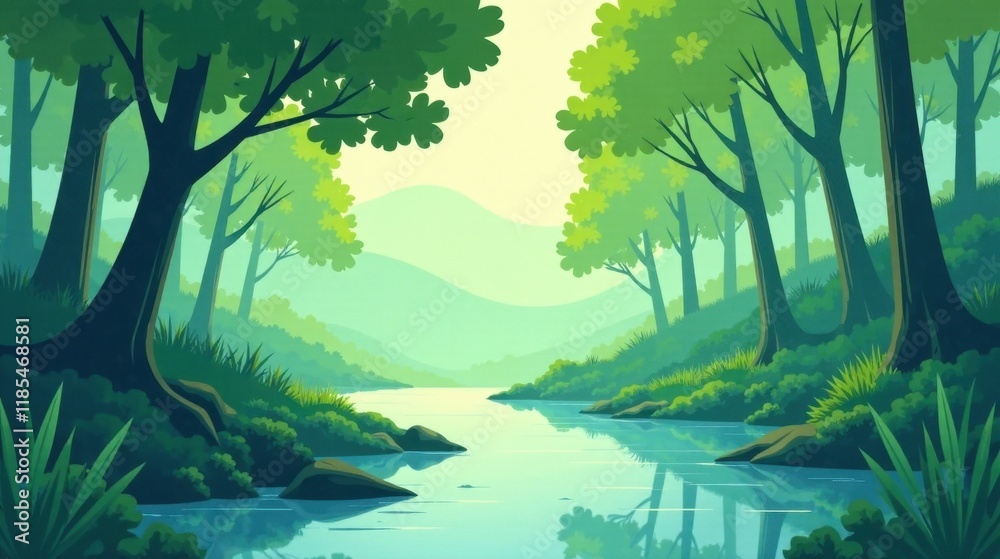 Naklejka premium Serene River Winding Through Lush Green Forest Canopy, Tranquil Nature Scene with Calm Waters Reflecting the Sunlight