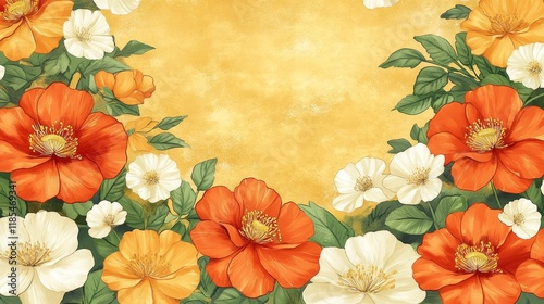 Vibrant orange and white floral arrangement on a textured gold background