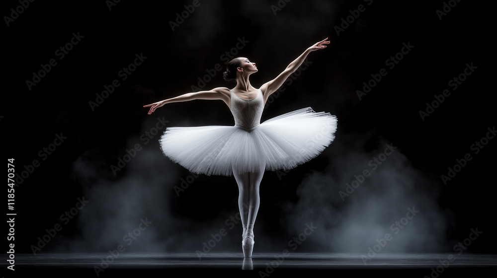 Obraz premium Ballet Elegance: A graceful ballerina, clad in a billowing white tutu, performs with ethereal beauty against a backdrop of swirling mist. The image captures the essence of classical dance.