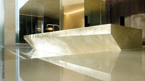 Modern Minimalist Interior Design: Light Reflecting off a Polished Stone Countertop in a Luxurious Contemporary Building