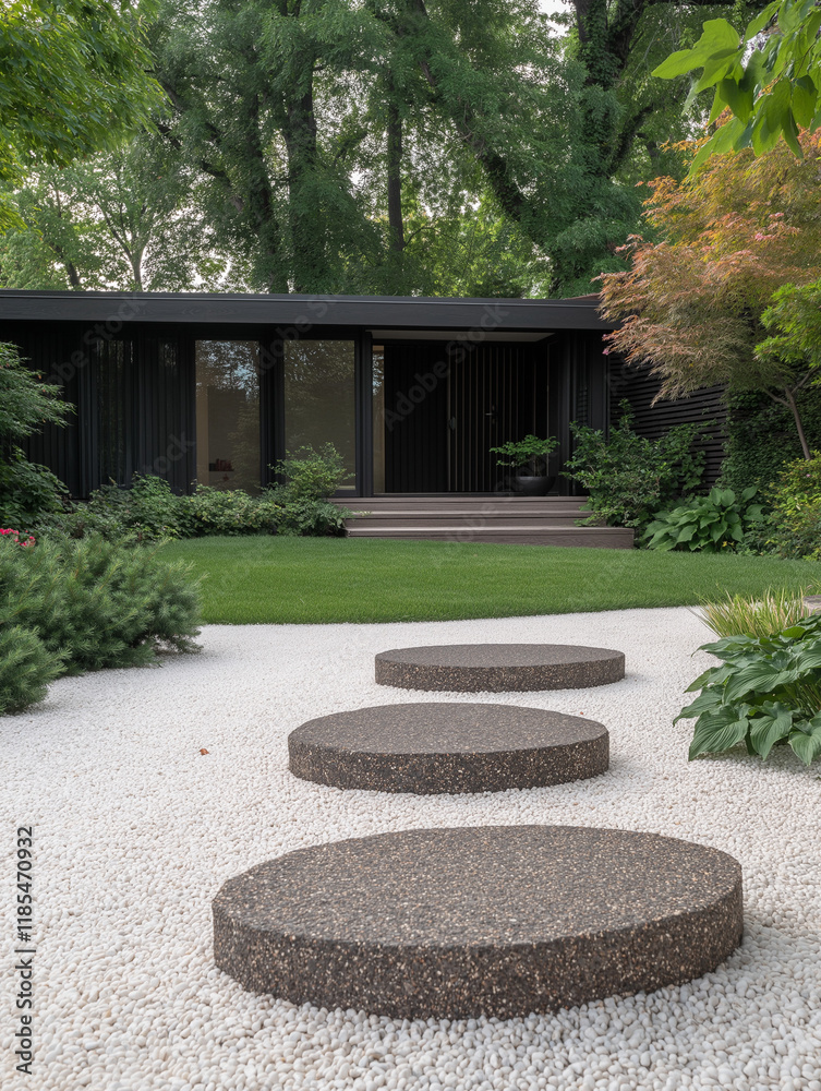 Fototapeta premium Modern Minimalist Garden Path: A serene and minimalist garden design featuring a pathway of circular stepping stones leading to a modern, black-clad home.