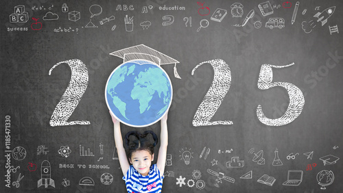 2025 new educational academic calendar year for school class with student kid raising world global planet on teacher's green chalkboard for back to school celebration, STEM education concept