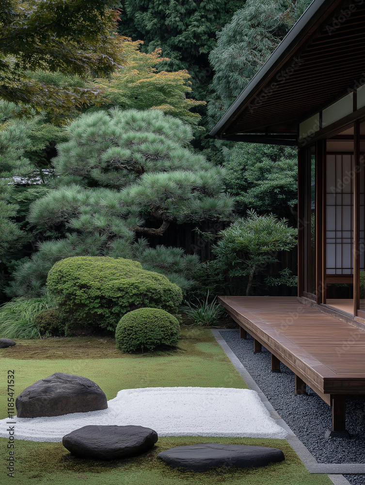 Fototapeta premium Tranquility in a Zen Garden: A serene and minimalist Japanese garden with a wooden deck, lush greenery, and smooth stones. The scene evokes a sense of peace, tranquility, and balance.
