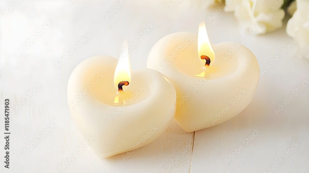 Heart-Shaped Candles with Soft Flames on a Light Background, Generative AI. Heart-Shaped Candles with Soft Flames on a Light Background, Generative AI.