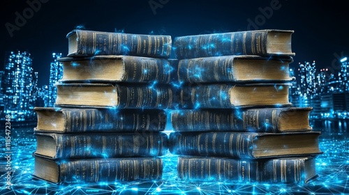 Glowing Ancient Books Stacked, Enveloped in Digital Cityscape
