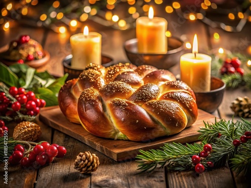 Warm Holiday Challah Bread Still Life Photography - Festive Candlelight Setting photo