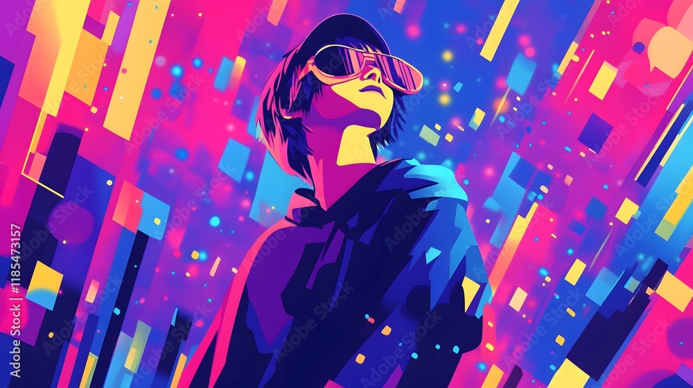Vivid Cyberpunk Girl Gazes Upward In A Neon Cityscape Vivid Cyberpunk Girl Gazes Upward In A Neon Cityscape