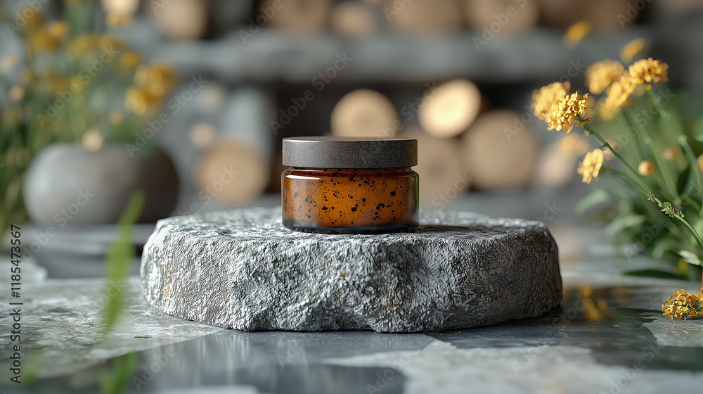 Amber Glass Jar Mockup Stone Flowers Nature Skincare Product, Ai generated images Amber Glass Jar Mockup Stone Flowers Nature Skincare Product, Ai generated images