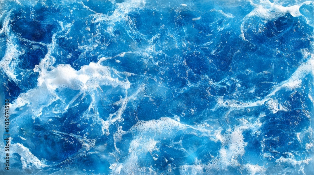 Obraz premium Bluewater waves on the surface ripples blurred. Defocus blurred transparent blue colored clear calm water surface texture with splash and bubbles. Water waves with shining pattern texture background.