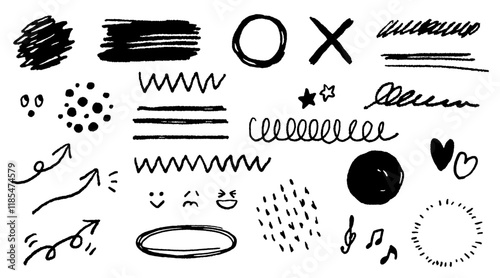 クレヨンや色鉛筆のテクスチャによる、落書き風素材セット。矢印や円、装飾。ベクターイラスト。