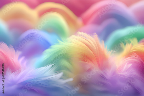 Soft and colorful close-up of feathers in a vibrant rainbow palette, symbolizing creativity, lightness, and harmony, with a dreamy gradient background.