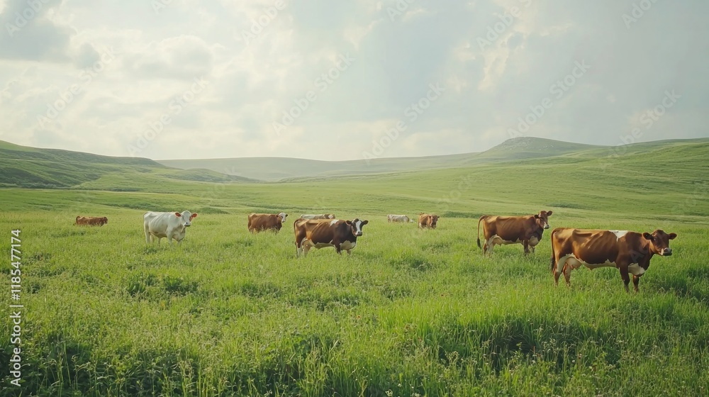 Herd of Cows Grazing in a Lush Green Meadow Herd of Cows Grazing in a Lush Green Meadow
