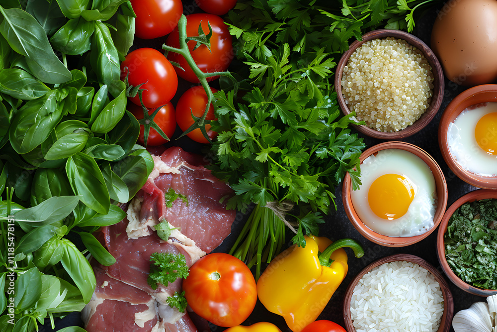 Vibrant Assortment of Essential Ingredients for a Well-Stocked Kitchen: Vegetables, Herbs, Proteins, and Grains Vibrant Assortment of Essential Ingredients for a Well-Stocked Kitchen: Vegetables, Herbs, Proteins, and Grains