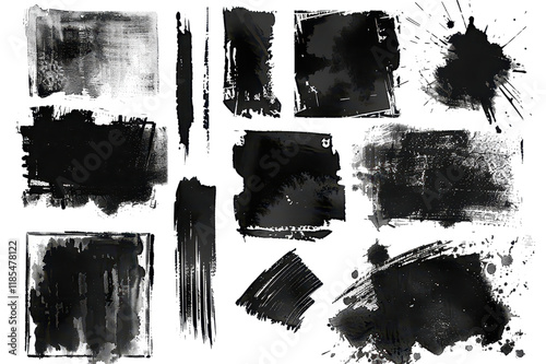 collection of black paint brush strokes or ink splatters on isolated background