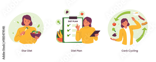 Healthy diet illustration set. woman diet, diet plan, carb cycling. Illustrations for websites, landing pages, mobile apps, posters and banners. Trendy flat vector illustrations