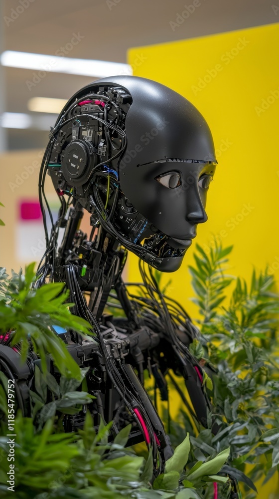 Futuristic AI Robot Cyborg Head Technology Green Nature Background Futuristic AI Robot Cyborg Head Technology Green Nature Background