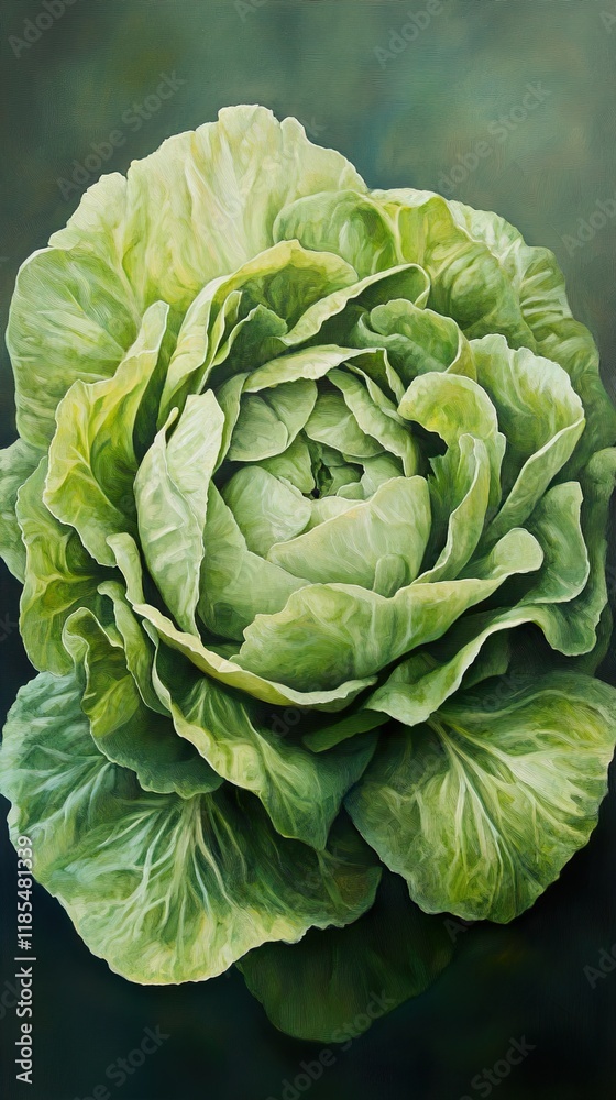 Obraz premium Closeup of a vibrant green lettuce, showcasing its fresh and crisp texture.