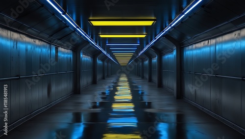 Fototapeta Naklejka Na Ścianę i Meble -  Empty dark metal corridor with blue and yellow neon light