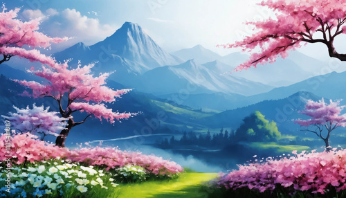  Vibrant spring landscape featuring blossoming cherry trees, lush greenery, and a peaceful mountain backdrop, ideal for nature lovers and outdoor enthusiasts.  photo