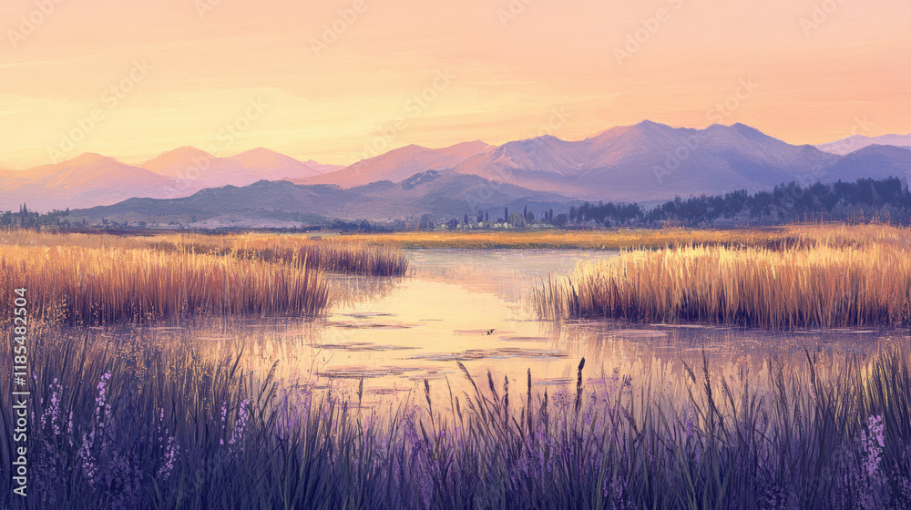 A serene marshland scene at sunrise, water shimmering in soft golden light, reeds swaying gently A serene marshland scene at sunrise, water shimmering in soft golden light, reeds swaying gently