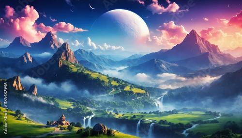 Captivating fantasy landscape art featuring mystical mountains, a serene river, and a magical sky, perfect for imaginative and dreamlike settings photo