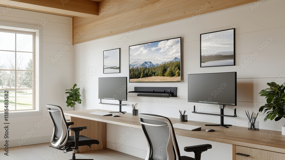 Fototapeta premium Modern office with dual monitors, minimalist decor, and natural light