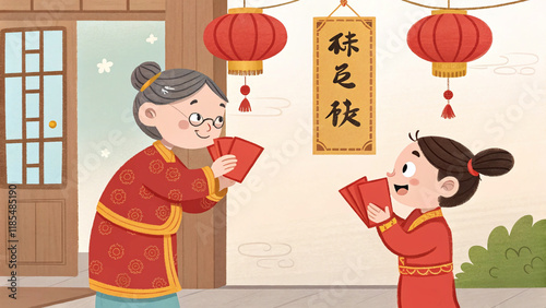 Elder giving red envelopes to kids, joyful Chinese New Year tradition, stock photo