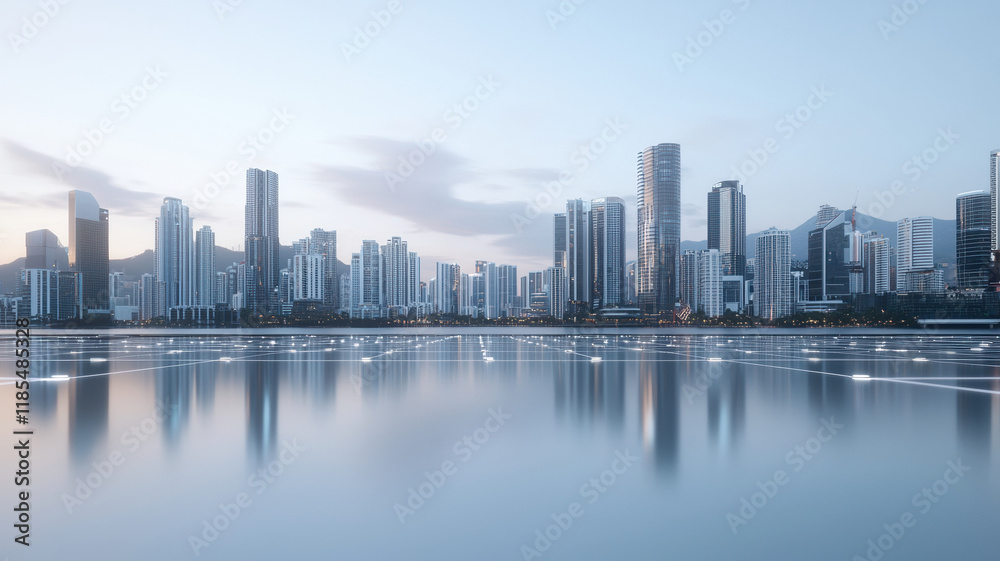 serene city skyline reflecting on calm waters, showcasing modern architecture and interconnected networks serene city skyline reflecting on calm waters, showcasing modern architecture and interconnected networks