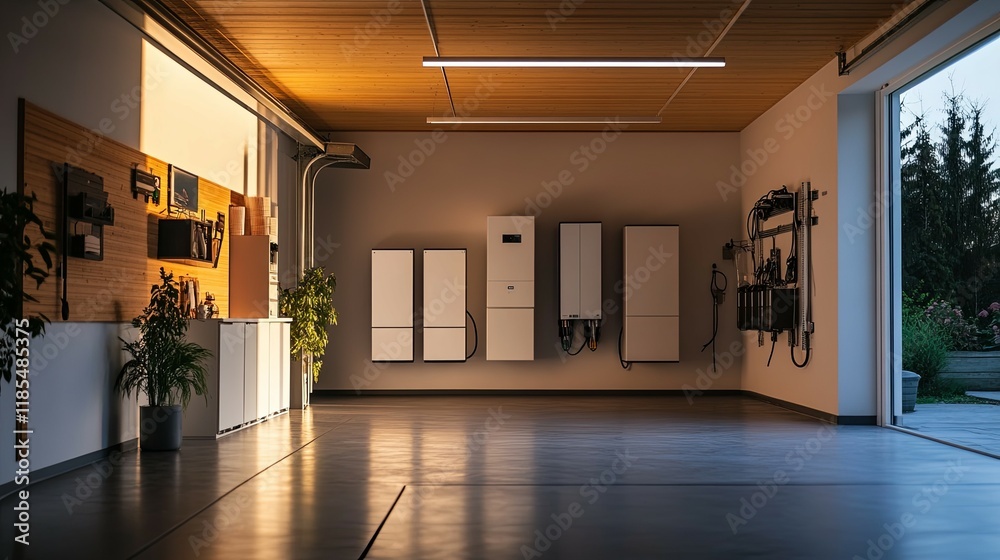 Fototapeta premium Garage Home Energy System: Serene Evening Illumination