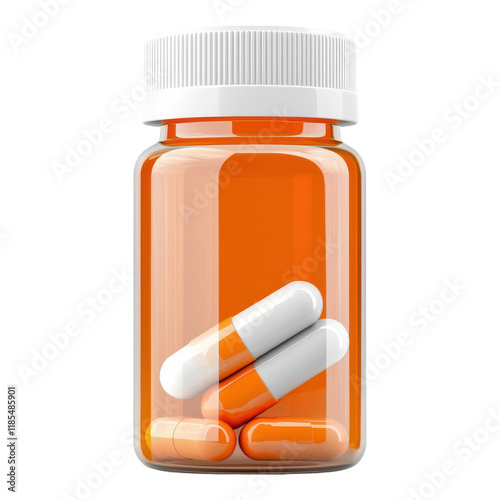 A clear bottle filled with orange and white capsules, showcasing the medication inside.