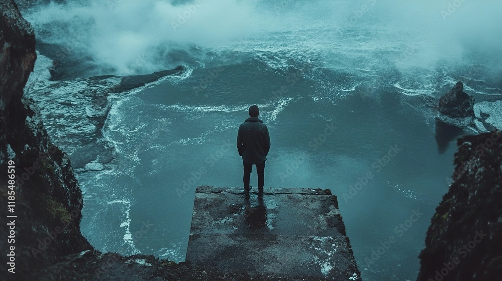Obraz premium Contemplation at the Cliffside: A Man Gazes Upon the Vast Ocean