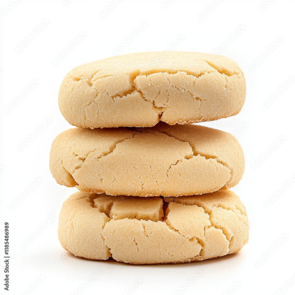 Stack of three delicate, crumbly cookies on a white background showcasing texture and detail of a sweet treat Stack of three delicate, crumbly cookies on a white background showcasing texture and detail of a sweet treat