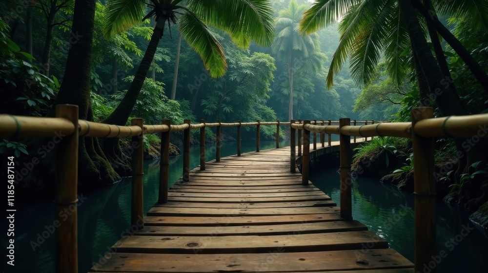 Fototapeta premium Serene Wooden Pathway Winding Through Lush Tropical Foliage, Across a Still, Dark Waterway