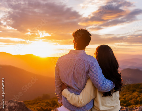 Pareja de hispanos abrazada de espaldas contemplando el atardecer desde la cima de una montaña