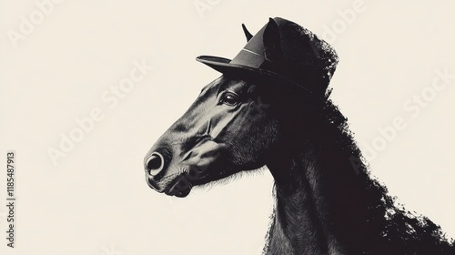 Black Horse in Fedora Hat, Profile View, Dramatic Monochrome Portrait photo