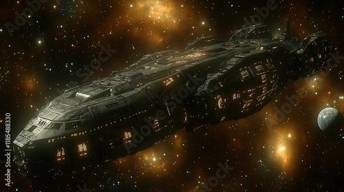 Fototapeta Naklejka Na Ścianę i Meble -  Futuristic spaceship in deep space, stars, nebula.