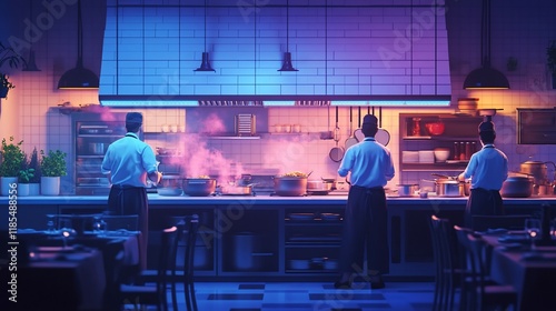 Three chefs work in a vibrant, modern restaurant kitchen at night. photo