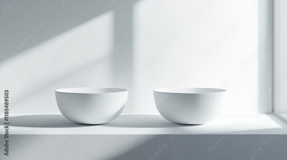Minimalist Still Life: Two White Bowls on a Windowsill Minimalist Still Life: Two White Bowls on a Windowsill