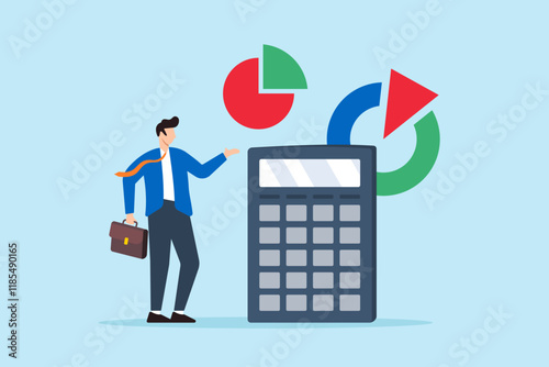 Flat illustration of businessman with calculator and pie chart symbolizing cost structure and budget management