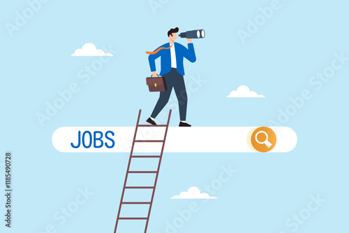 Flat illustration of businessman climb up ladder to job search bar with binocular on sky seeking new employment opportunity