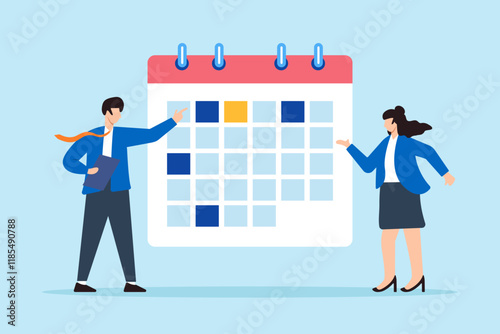 Flat illustration of businessman and businesswoman work together on calendar planner to schedule and organize team meetings