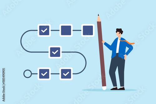 Flat illustration of project manager hold large pencil to check completed task tracking progress in project timeline