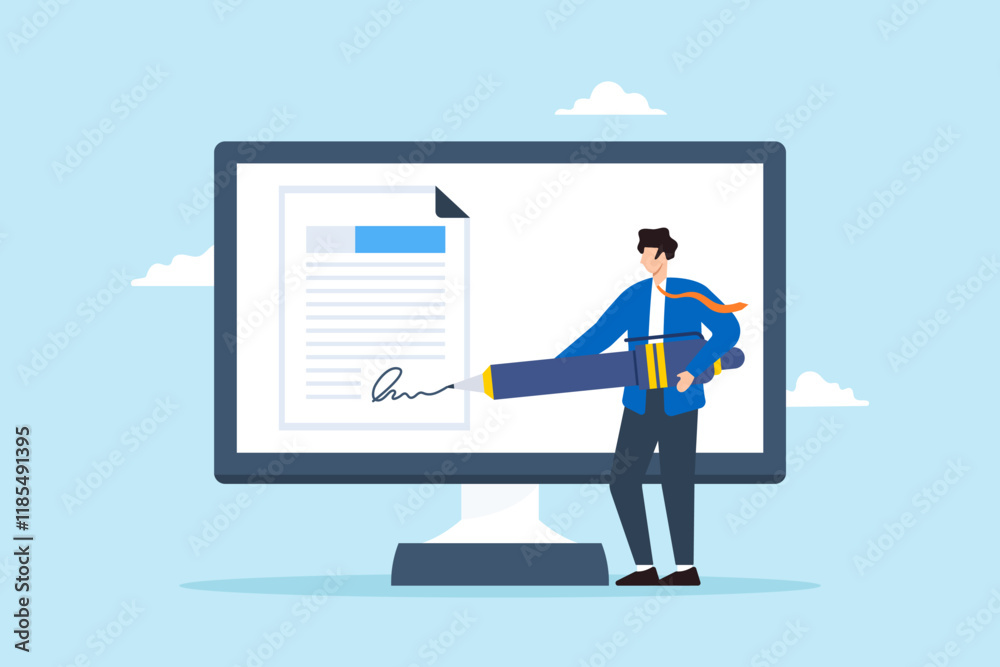 Flat illustration of businessman signing digital signature on computer completing electronic agreement Flat illustration of businessman signing digital signature on computer completing electronic agreement