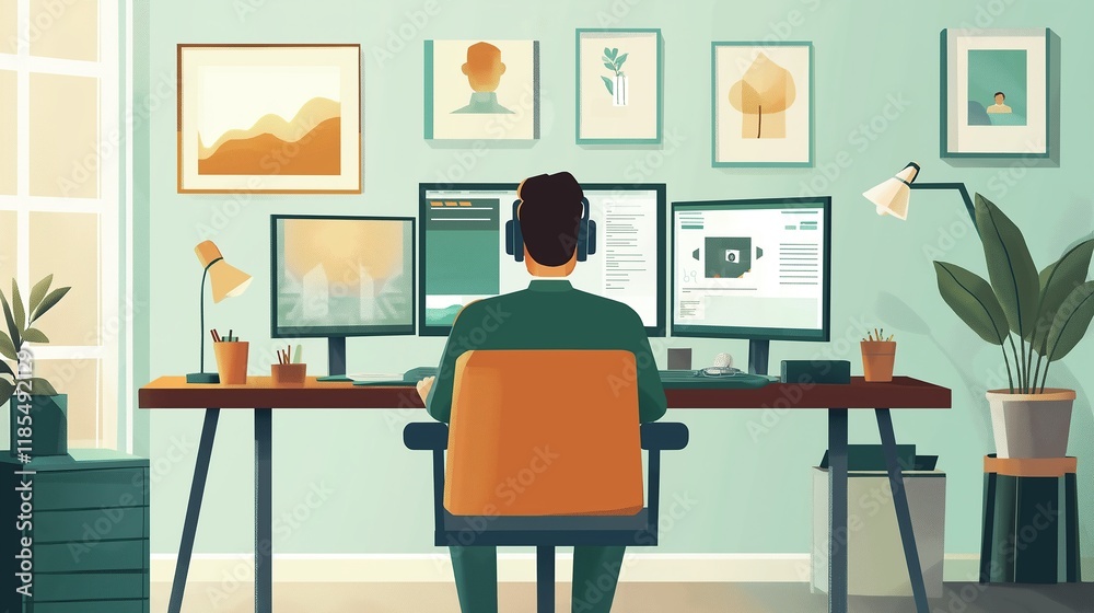 Illustration of an employee sitting at their desk in front of three monitors, wearing headphones and working on digital marketing projects