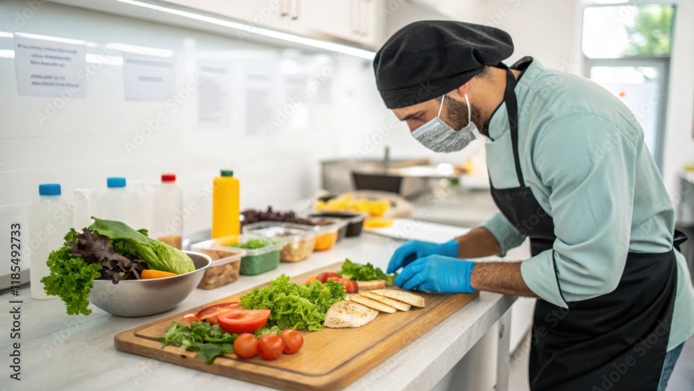 A chef wearing a mask and gloves prepares fresh vegetables in a modern kitchen, focusing on healthy meal prep. A chef wearing a mask and gloves prepares fresh vegetables in a modern kitchen, focusing on healthy meal prep.
