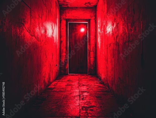 Mysterious Red Hallway with Glowing Door photo