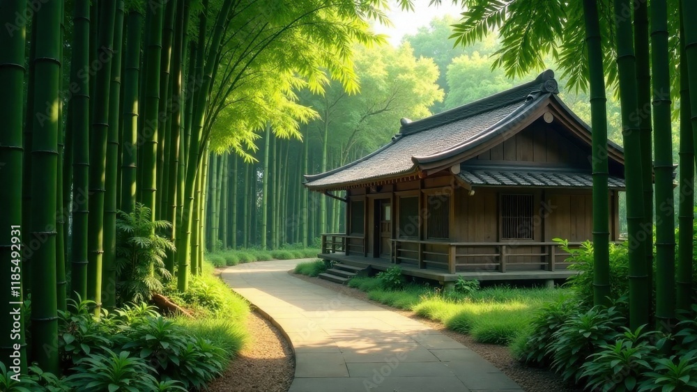 Serene Wooden House nestled amidst a lush Bamboo Forest, bathed in the soft morning sunlight, a tranquil pathway meanders through the vibrant greenery Serene Wooden House nestled amidst a lush Bamboo Forest, bathed in the soft morning sunlight, a tranquil pathway meanders through the vibrant greenery