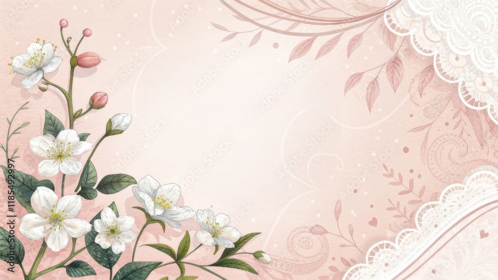 A delicate floral design featuring white flowers and soft pink hues, enhanced by lace patterns, perfect for invitations or backgrounds. A delicate floral design featuring white flowers and soft pink hues, enhanced by lace patterns, perfect for invitations or backgrounds.
